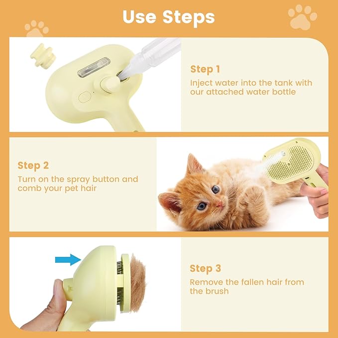 3 in 1 Cat Steam Brush, Pet Spray Hair Removal Comb for Shedding & Grooming, Water Brush for Cats Dogs Small Animals Long Short Haired with One-Click Release Button(Yellow)-PawvioPets