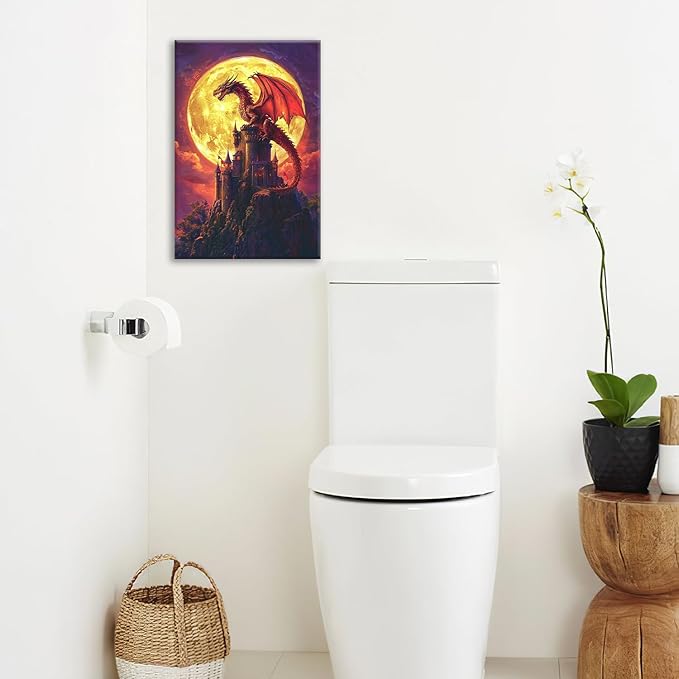 Dragon Bathroom Pictures Wall Art, Red Dragon Castle Bathroom Wall Decor, Framed Painting Canvas Artwork for Bedroom Living Room Decorations 24"L x 16"W-PawvioPets