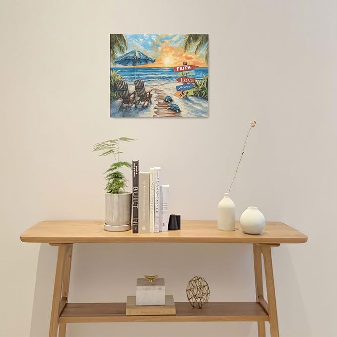 Beach Ocean Bathroom Pictures Wall Art, Seaside Coastal Bathroom Wall Decor, Sunrise Framed Painting Canvas Artwork for Bedroom Living Room Decorations 24"L x 20"W-PawvioPets