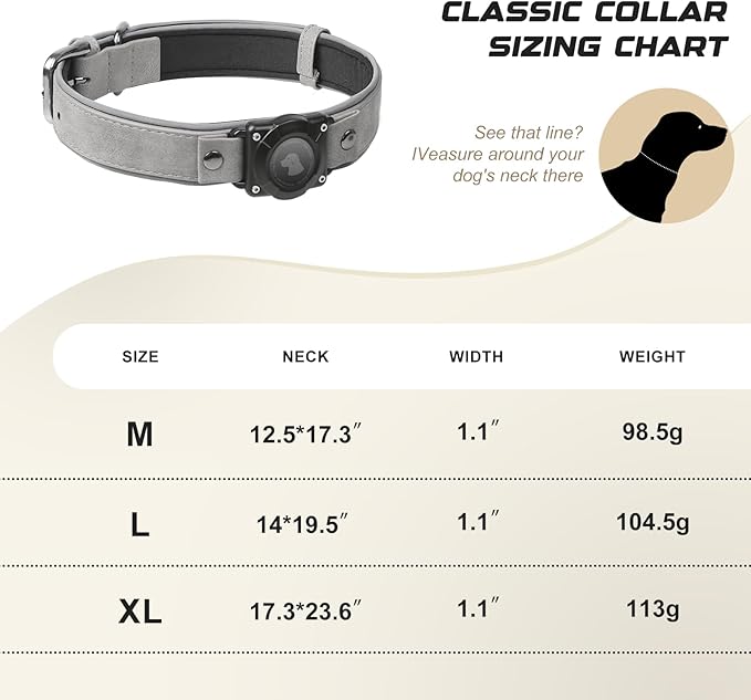 AirTag Dog Collar - Leather Dog Collar with Air Tag Holder | IPX8 Waterproof, Reflective, High - End, Adjustable Soft Padded | Dog GPS Tracker Collars Fit for Medium Large Dogs (Grey, XL)-PawvioPets