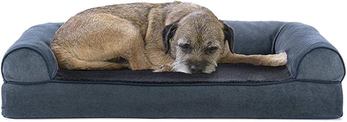 Furhaven Cooling Gel Dog Bed for Medium/Small Dogs w/ Removable Bolsters & Washable Cover, For Dogs Up to 35 lbs - Sherpa & Chenille Sofa - Orion Blue, Medium-PawvioPets