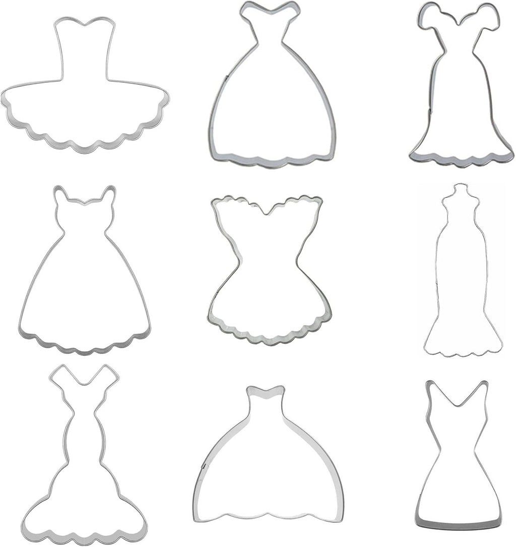 Mini Dress Cookie Cutter Set of 9 pcs, Stainless Steel Mini ONE-BITE SIZE Wedding Dress Shaped Fondant Cutters Baking Molds