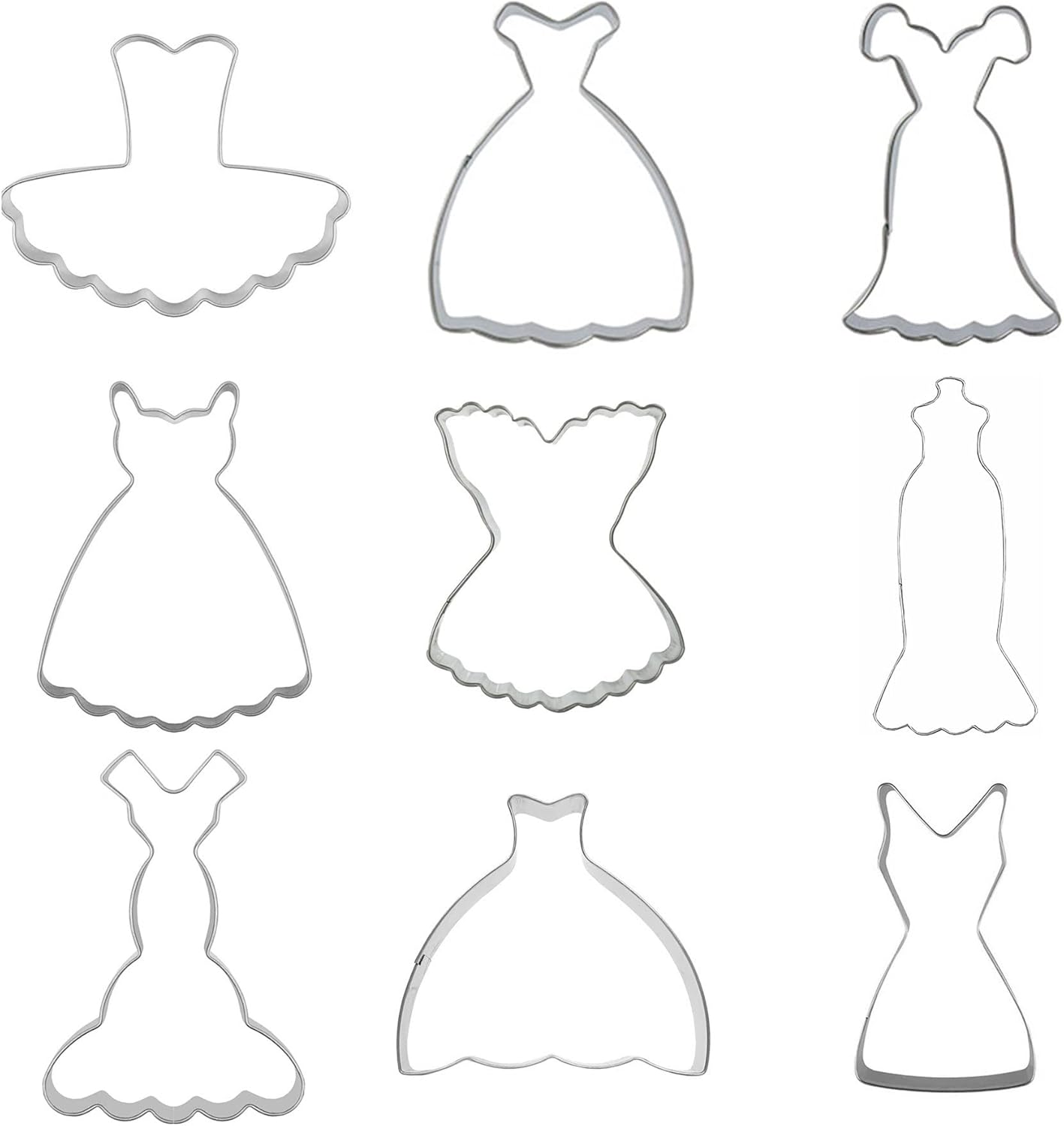 Mini Dress Cookie Cutter Set of 9 pcs, Stainless Steel Mini ONE-BITE SIZE Wedding Dress Shaped Fondant Cutters Baking Molds