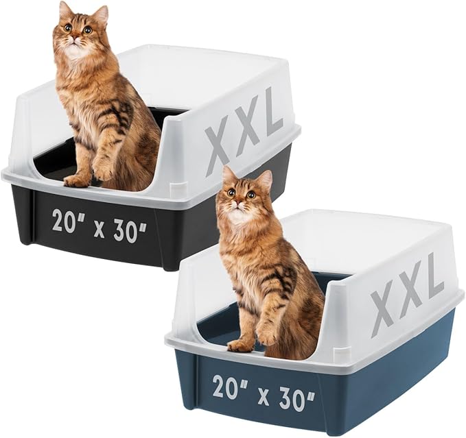 Bundle of IRIS USA 2 Pack XX-Large Cat Litter Boxes with Scatter Shield and Scoop, Open Top High Sided Cat Litter Pan, Black & Navy-PawvioPets