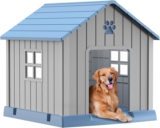 DRATO Dog House Indoor Outdoor for Small to Large Sized Dogs Indoor Outdoor Doghouse Puppy Shelter with Elevated Floor, Easy to Assemble (Blue, 38Inch(37.8 * 40.87 * 38.82))-PawvioPets