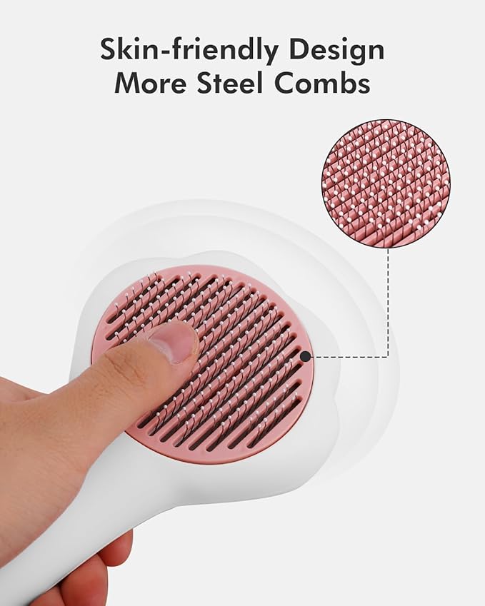 Cat Brush with Release Button Self-Cleaning and Skin-Friendly Grooming and Shedding Tool for Long and Short Haired Cats & Dogs, 140° Comb Teeth, Removes Loose Undercoats and Promotes Healthy Fur-PawvioPets
