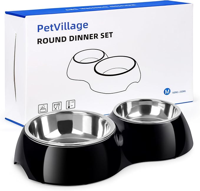 Double Dog Bowls Set – Non-Slip Pet Food & Water Dishes with Resin Stand, Includes Small (1 Cup) & Medium (2 Cups) Bowls – Ideal for Puppies, Cats, and Medium Dogs –Black-PawvioPets