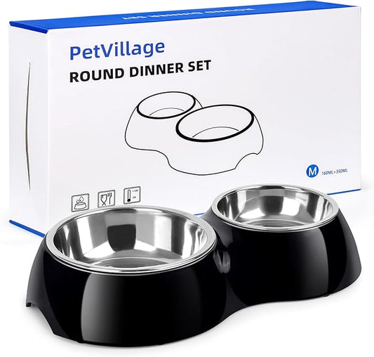 Double Dog Bowls Set – Non-Slip Pet Food & Water Dishes with Resin Stand, Includes Small (1 Cup) & Medium (2 Cups) Bowls – Ideal for Puppies, Cats, and Medium Dogs –Black-PawvioPets