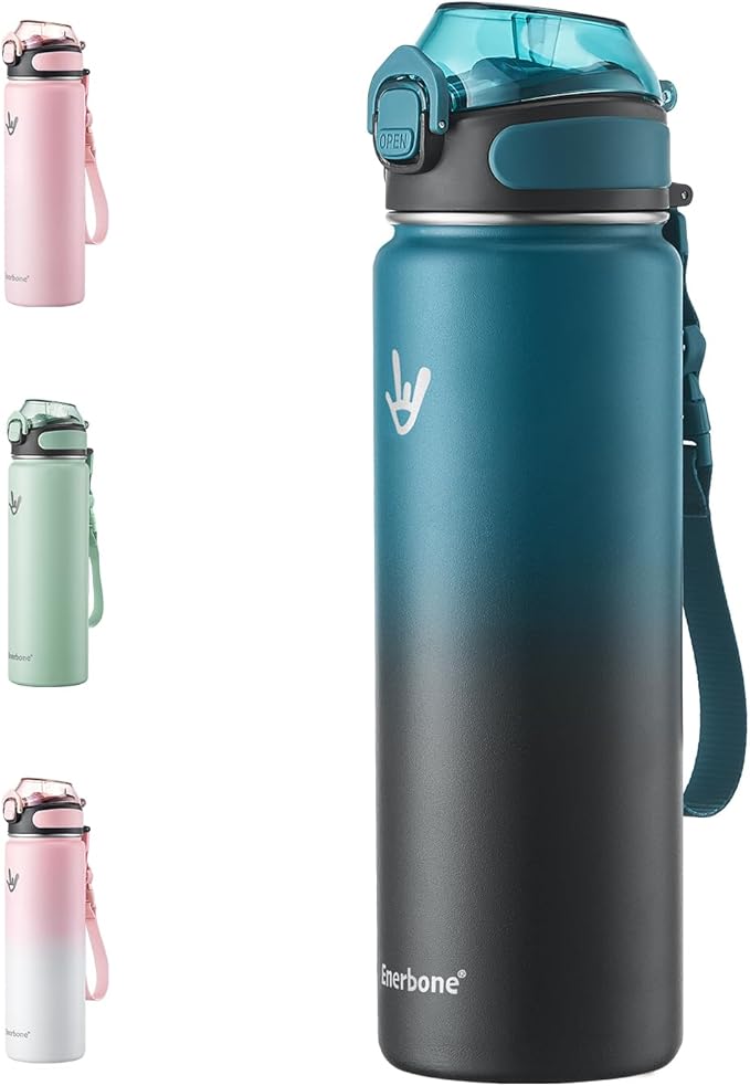 Enerbone 24 oz Insulated Water Bottle, Stainless Steel Bottle with Carrying Strap, Double-Wall Vacuum Insulation Design, Leakproof Sports Bottle with Straw, Keep Drinks Cold or Hot for Hours-PawvioPets