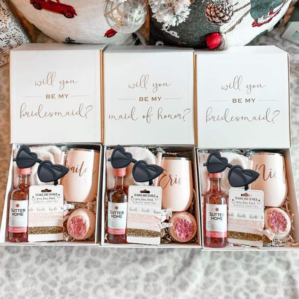 1+7 Pack Bachelorette Party Favor Retro Heart Sunglasses and Bridesmaid Scrunchies Set (Champagne)