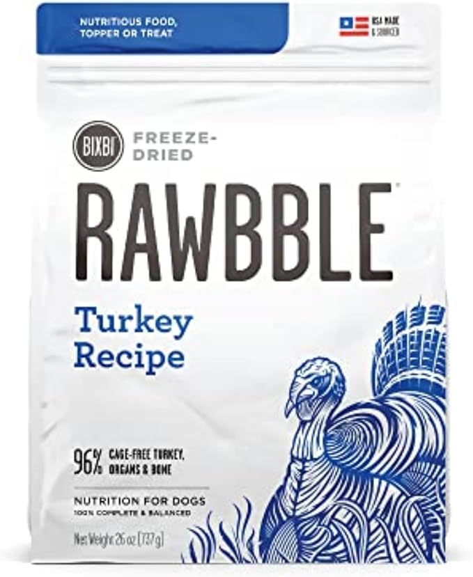 BIXBI Rawbble Freeze Dried Dog Food, Turkey Recipe, 26 oz - 96% Meat and Organs, No Fillers - Pantry-Friendly Raw Dog Food for Meal, Treat or Food Topper - USA Made in Small Batches-PawvioPets