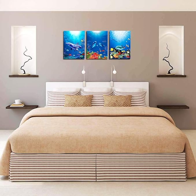 blue ocean fish 3 Pieces Framed Wall Art for Living Room Bathroom Wall Decoration Canvas Print Children's Bedroom Wall decor Office Kitchen Home Decoration Underwater World Watercolor Painting-PawvioPets