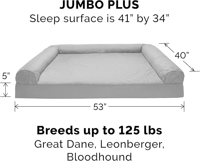 Furhaven Orthopedic Dog Bed for Large Dogs w/ Removable Bolsters & Washable Cover, For Dogs Up to 125 lbs - Quilted Sofa - Silver Gray, Jumbo Plus/XXL-PawvioPets