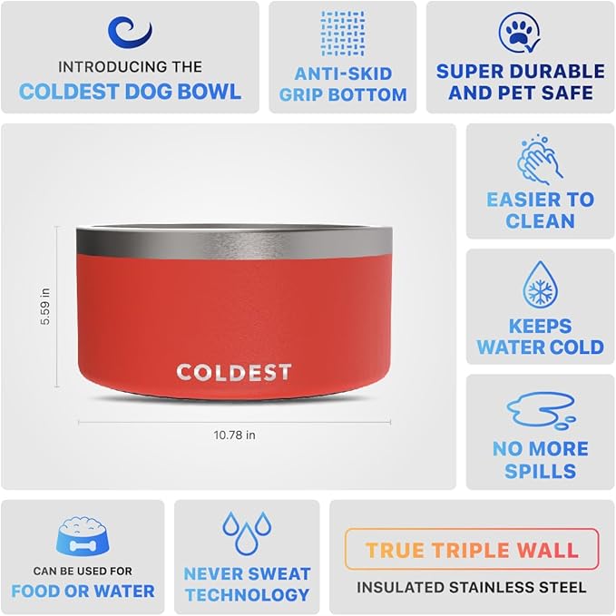 Coldest Dog Bowl - Anti Rust Metal, Non Slip, 3 Layers Insulated Stainless Steel Dog Bowls - Spill Proof & Heavy Duty - Water Bowl for Dogs, Cats & Pets, Dish Washer Safe (200 oz, Crimson Red)-PawvioPets