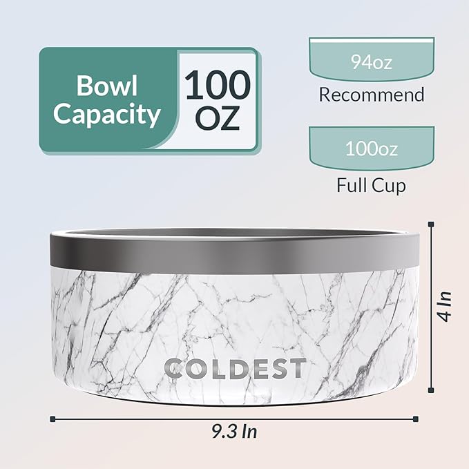 Coldest Dog Bowl - Anti Rust Metal, Non Slip, 3 Layers Insulated Stainless Steel Dog Bowls - Spill Proof & Heavy Duty - Water Bowl for Dogs, Cats & Pets, Dish Washer Safe (100 oz, Carrara Marble)-PawvioPets