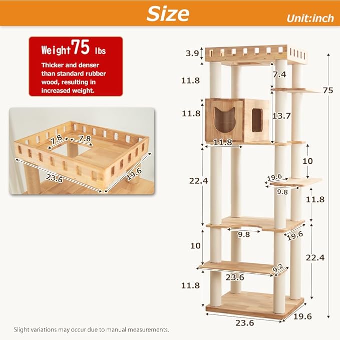 74" Wooden Cat Tree Tower for Large Cats, Multi-Level Cat Climbing Furniture with Scratching Posts, Cat Condo & Hammock, Natural Wood Cat Activity Center (White)-PawvioPets
