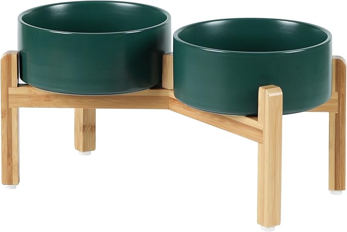 Ceramic Raised Double Bowls Set with Stand, Food & Water Bowls for Medium Breed Dogs, Weighted Dog Dishes, Pet Bowl(7.3'',41OZ, Green)-PawvioPets