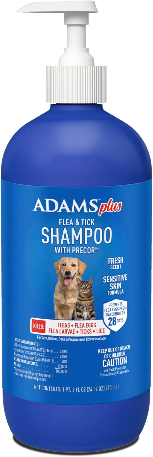 Adams Plus Flea & Tick Shampoo with Precor for Cats, Kittens, Dogs & Puppies Over 12 Weeks Of Age |Sensitive Skin Flea Treatment |Kills Adult Fleas, Flea Eggs, Ticks, and Lice |24 Oz, Pump Included-PawvioPets