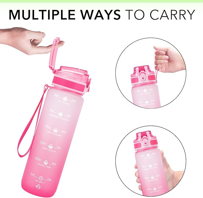 32oz Motivational Water Bottles with Time Marker & Fruit Strainer, Transparent Gradient Color Water Bottle with Times to Drink, Leakproof & BPA Free, Reusable Bottle with Strap (No Straw)-PawvioPets