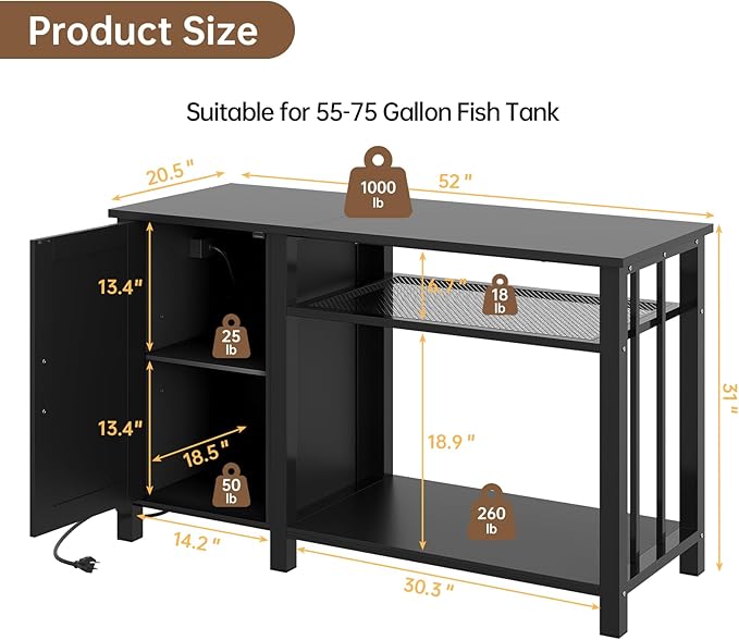 55-75 Gallon Fish Tank Stand with Power Outlet & Adjustable Shelf, Heavy Duty Aquarium Stand with Cabinet Storage for Fish Tank, Turtle Tank, Reptile Terrarium, 1000LBS Capacity, Black-PawvioPets