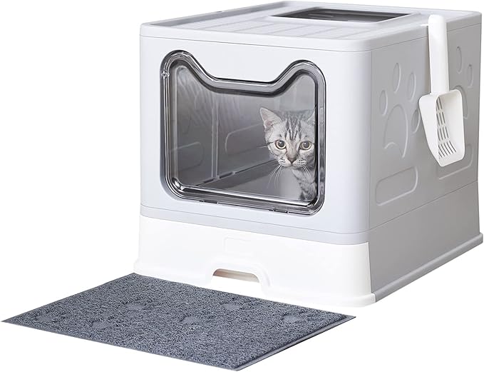 Cat Litter Box with Litter Mat and Scoop, Large Foldable Litter Box with Lid, Front Entry Top Exit Kitty Box, Odor Control, Easy to Clean (Grey)-PawvioPets