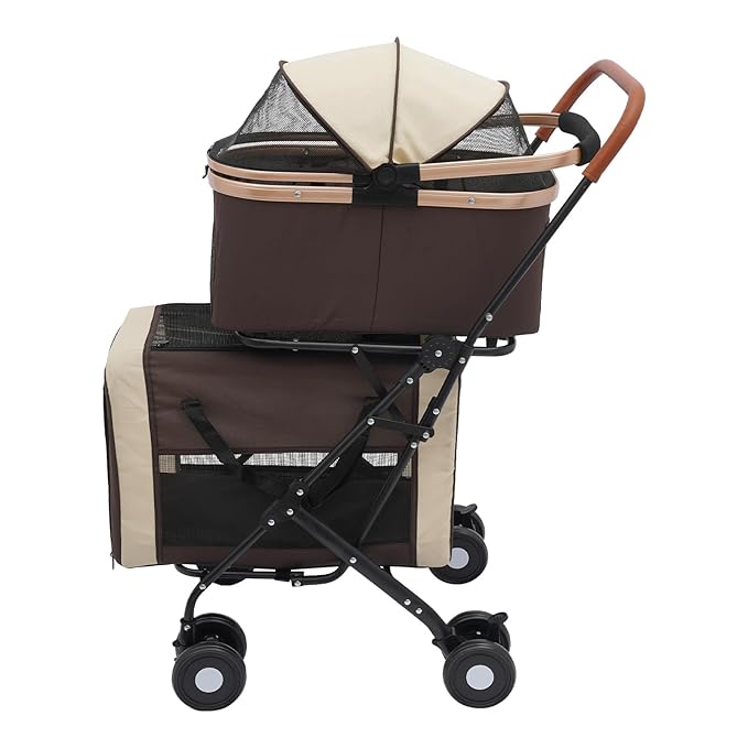 Foldable Pet Stroller for Small & Medium Dogs, Double Dog & Cat Stroller with 3-in-1 Travel System, Detachable Pet Carrier with Wheels for Cats and Dogs up to 77 lbs, Coffee Color-PawvioPets