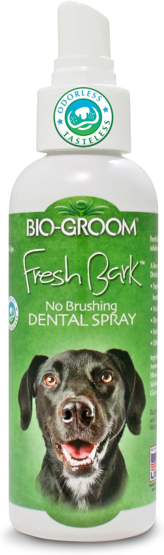 Bio-groom Fresh Bark Dog Breath Freshener - No Chew Dental Spray for Dogs & Cats, Teeth Cleaning Oral Care for Plaque & Tartar, No Brushing Required, Made in The USA - Flavorless, 4 fl oz-PawvioPets