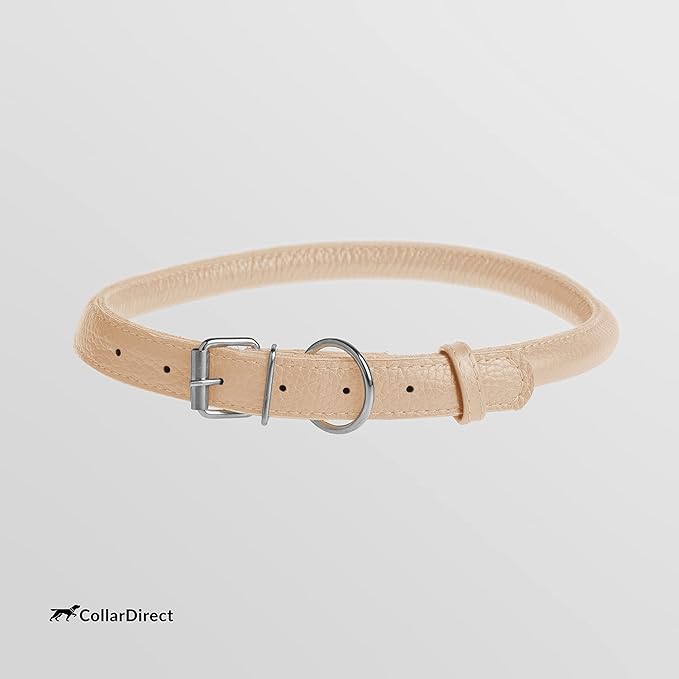 CollarDirect Rolled Leather Dog Collar, Soft Padded Round Puppy Collar, Handmade Genuine Leather Collar Dog Small Large Cat Collars 13 Colors (15-19 Inch, Beige Textured)-PawvioPets