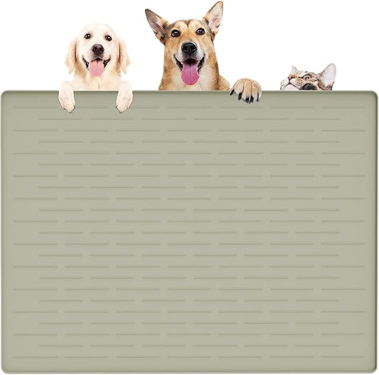 39.4"x29.5" Largest Pet Food Mat, Silicone Dog Mats for Food and Water, Nonslip Pet Feeding Mats for Floors,Dog Cat Bowl Mat with Raised Edges, Gray Green-PawvioPets