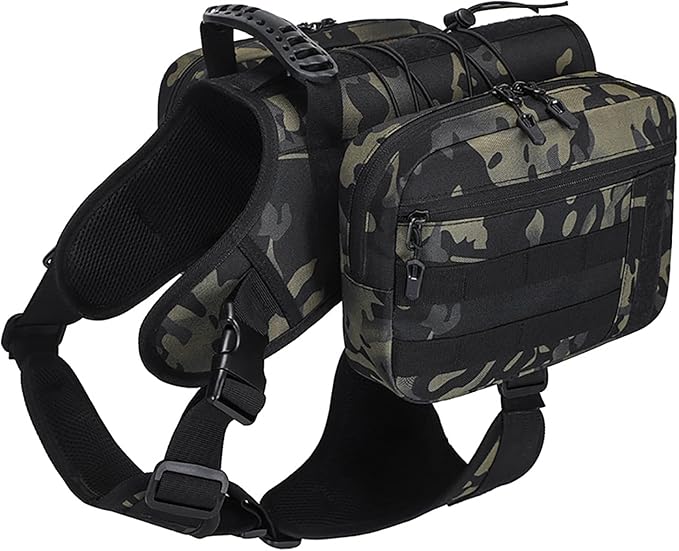 BYGD Dog Saddle Backpack for Hiking, Lightweight Waterproof Harness with Removable Bags for Large Dogs, Outdoors (Camo)-PawvioPets