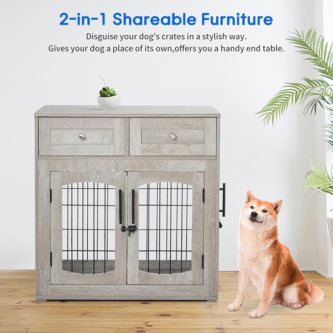 Dog Crate Furniture for Medium Dogs, Wooden Dog Kennel Indoor with Double Doors, Dog Cage with Cushion & Drawers, Dog House Side End Table for Small Medium Dogs up to 45 lb, 31.5” L, Grey-PawvioPets