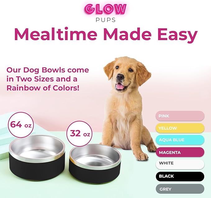 64 oz Black Anti-Skid Dog Bowl, Vacuum Insulated, Powder Coated, Stainless Steel, Non-Slip, Easy to Clean-PawvioPets