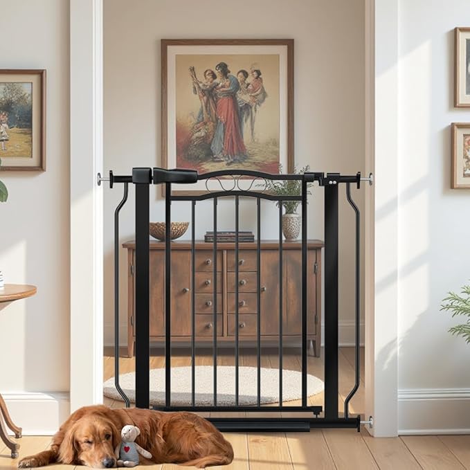 29.53"-33.85" Mornyray Auto-Close Baby Gate Extra Wide, Pressure Mounted Dog & Pet Gate for Stairs Doorways, No Drill Safety Barrier with Lace Design, Metal Child Proof Gate Indoor Outdoor, Black-PawvioPets