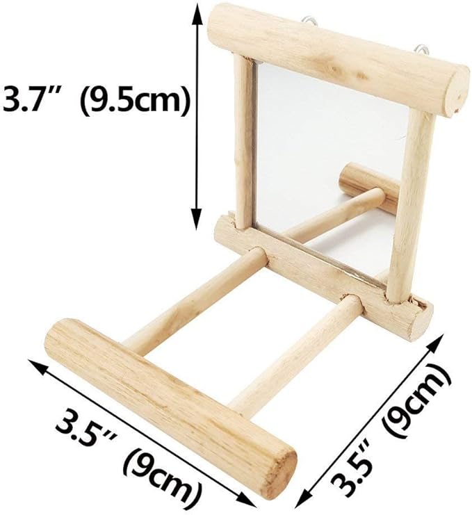 Bird Mirror with Swing and Perch for Parakeets Cockatiels Lovebirds Finches - Wooden Interactive Hanging Cage Toy, 3.7 x 3.5 x 3.5 Inch, 1 Pack-PawvioPets