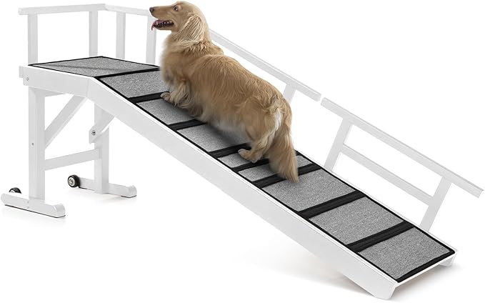 Dog Ramp for Bed or Couch, Wooden Pet Ramp with 20° Gentle Slope, Removable Side Rails, Non-Slip Surface, Top Platform & Wheels, Safe Bed Ramp for Small, Medium & Senior Dogs, 60" Long, White-PawvioPets