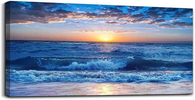 Canvas wall art for living room Blue Ocean Sea sun landscape painting bathroom Wall Decor Ready to Hang for Home Decorations office family bedroom kitchen Works canvas Prints pictures 30" x 60"inch-PawvioPets