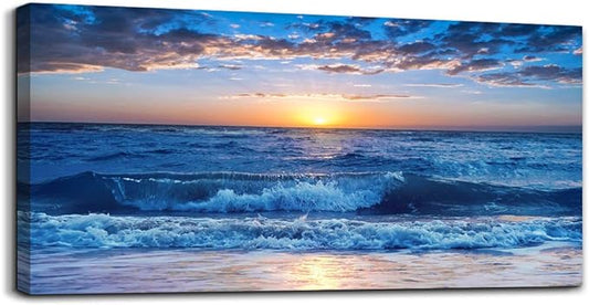 Canvas wall art for living room Blue Ocean Sea sun landscape painting bathroom Wall Decor Ready to Hang for Home Decorations office family bedroom kitchen Works canvas Prints pictures 30" x 60"inch-PawvioPets