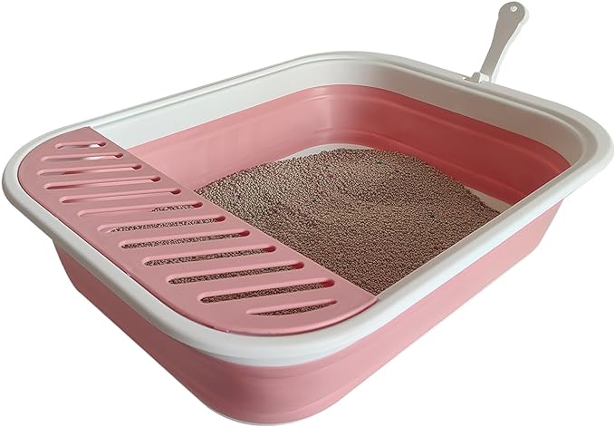 Collapsible Small Cat Litter Box for Kittens Open Potty Pan Travel Foldable Waterproof Shallow Anti-Splash Removable Semi-Enclosed Kitten Kitty Puppy Small Animals Senior Pet (Pink)-PawvioPets