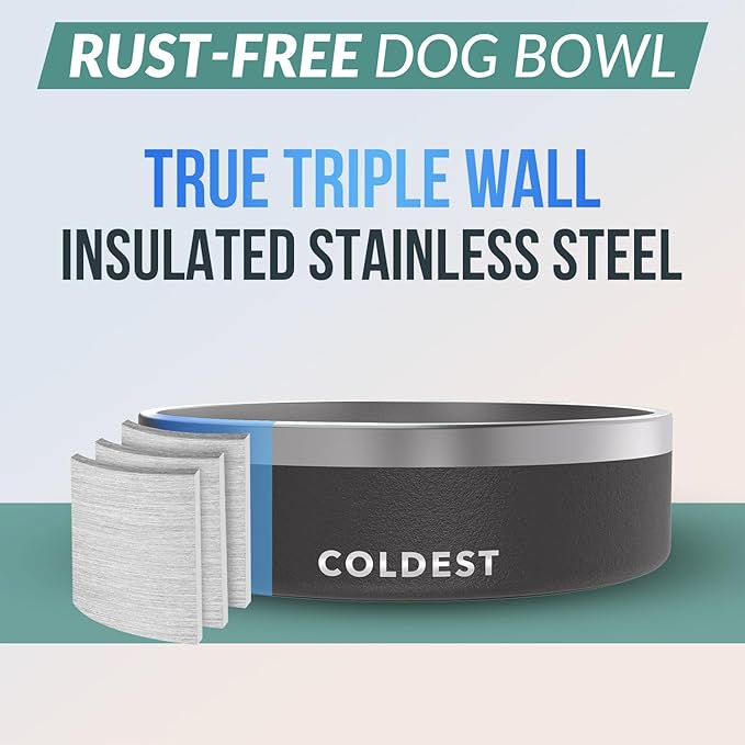 Coldest Dog Bowl - Anti Rust Metal, Non Slip, 3 Layers Insulated Stainless Steel Dog Bowls - Spill Proof & Heavy Duty - Water Bowl for Dogs, Cats & Pets, Dish Washer Safe (42 oz, Stealth Black)-PawvioPets