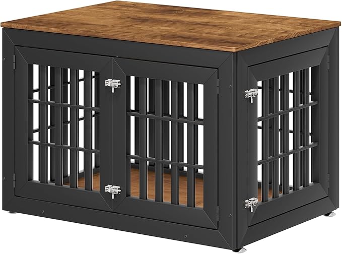 42" Heavy Duty Dog Crate Furniture for Small,Medium and Large Dogs,Rustic Wooden Dog Cage Kennel Indoor Furniture with Waterproof Top,Decorative Pet House Side End Table (Black & Wood)-PawvioPets