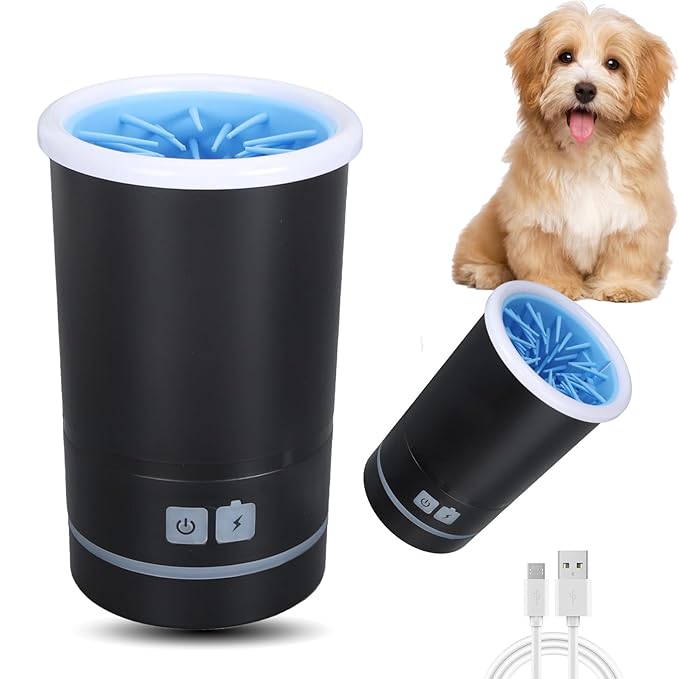 Automatic Dog Cleaner, Soft Electric Washer USB Rechargeable Portable Cleaner Cup, Dog Foot Cleaning Machine for Small to Medium Dogs Cats (Black White)-PawvioPets