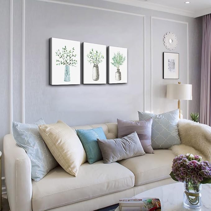 AHUASJART Canvas Wall Art Paintings For Kitchen Dining Room Large Size Wall Decor Living Room Wall Decoration For Bedroom Office Decor Green Leaf Vase Wall Pictures Artwork For Home Walls 3 Piece-PawvioPets