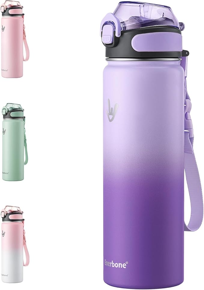 Enerbone 24 oz Insulated Water Bottle, Stainless Steel Bottle with Carrying Strap, Double-Wall Vacuum Insulation Design, Leakproof Sports Bottle with Straw, Keep Drinks Cold or Hot for Hours-PawvioPets