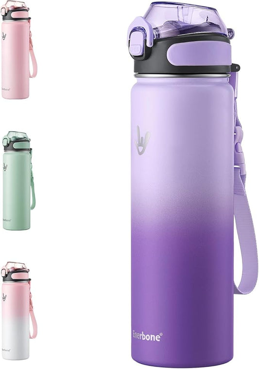 Enerbone 24 oz Insulated Water Bottle, Stainless Steel Bottle with Carrying Strap, Double-Wall Vacuum Insulation Design, Leakproof Sports Bottle with Straw, Keep Drinks Cold or Hot for Hours-PawvioPets