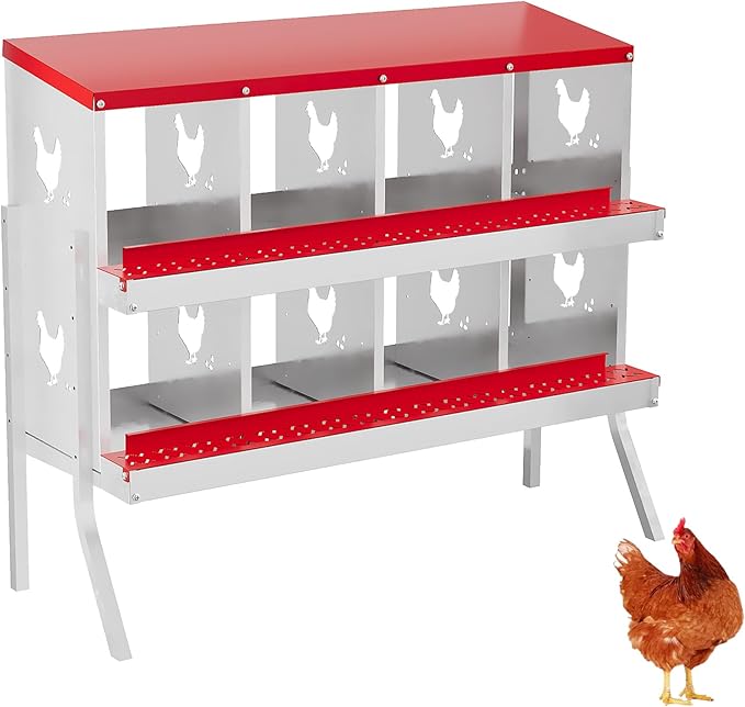 8 Hole Chicken Nesting Box with Roll Out Egg Tray, Rustproof & Ventilated Chicken Laying Boxes for Hens, Chickens, Ducks | Easy-Clean Poultry Coop Accessories, Red with Stand-PawvioPets