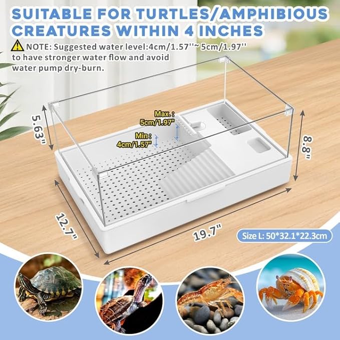 GOZILLA Large Turtle Tank Kit+Water Pump+Lamp, Acrylic Turtle Tank Starter Kit with Adjustable 5W Water Pump and Timing/Dimming Lamp, Multi-Functional Area for Small/Medium Turtles(Large-White Kit).-PawvioPets