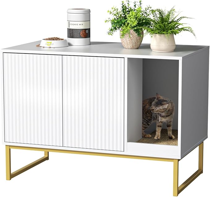 Cat Litter Box Enclosure, Fluted Hidden Litter Box Furniture with Scratch Pad and Metal Legs, Modern Enclosed Cat Cabinet, 31.5 x 17.7 x 21.7 Inches Indoor Pet House for Living Room, Washroom, White-PawvioPets