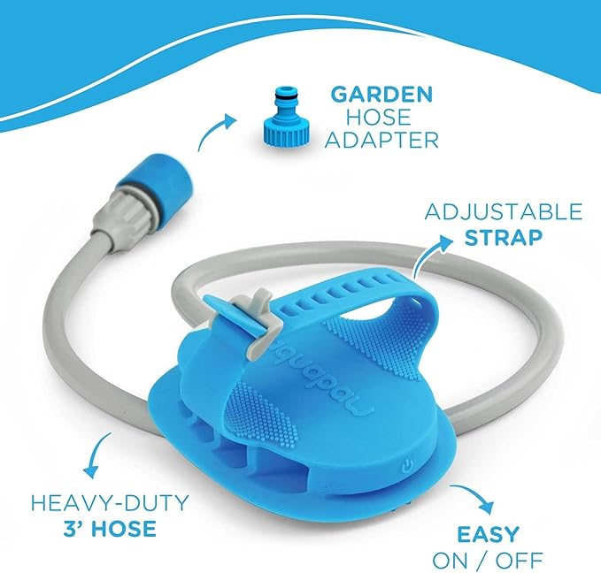 Aquapaw 5-in-1 Horse & Dog Bath Brush & Curry Comb - XL Blue Silicone - Includes 3-ft Shower Hose Attachment & Adapter - Adjustable Spray Scrub Massager - Dog Grooming Supplies-PawvioPets