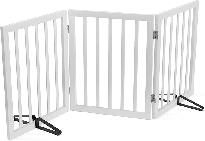 Dog Gates for The House Freestanding Foldable Pet Gates for Doorways 3 Panels 24'' Tall with 2PCS Support Feet Wooden White Dog Gate for Stairs-PawvioPets