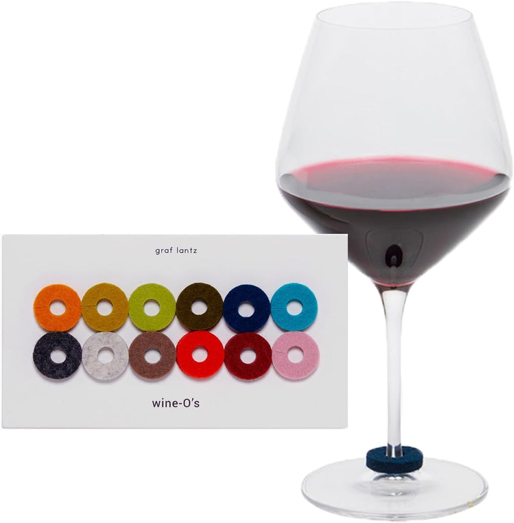 Graf Lantz - Wine-O's Merino Wool Wine Glass Charms (Midcentury) 12 Count - Drink Markers with Note Card - Reusable - 12 Colors - Boho Style - Home Decor, Party Favors & Vacation Essentials - 5mm Felt